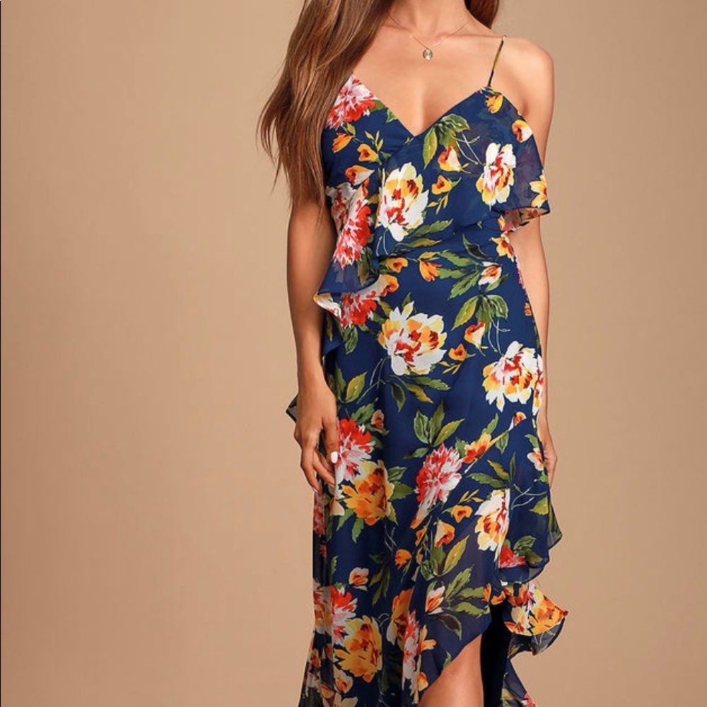 Lulus blue floral lace up maxi dress